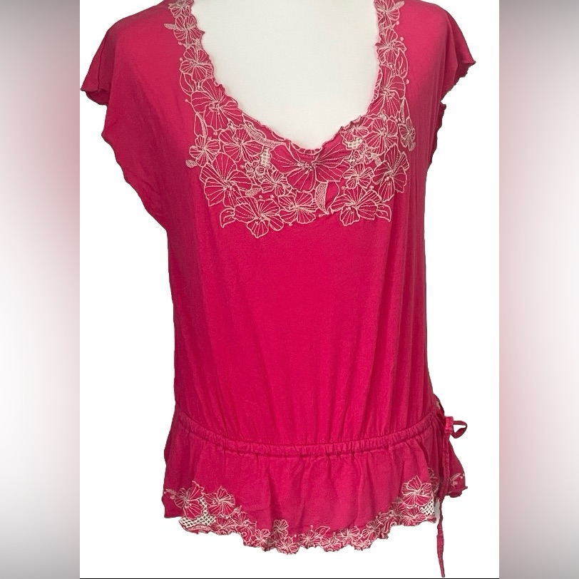 Aeropostale Women's Size Lg Pink Casual Top Lace Print Detail Drawstring Waist